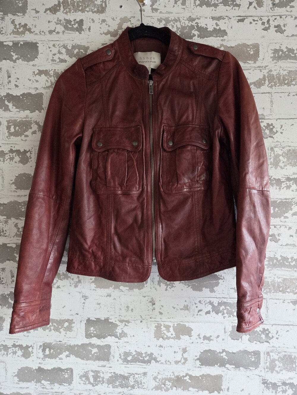 Hinge Burgundy Leather Utility Moto Jacket Small FLAW